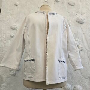 Alfred Dunner Women White Denim Embroidered Beaded Fringe Jacket Size 12 Vintage